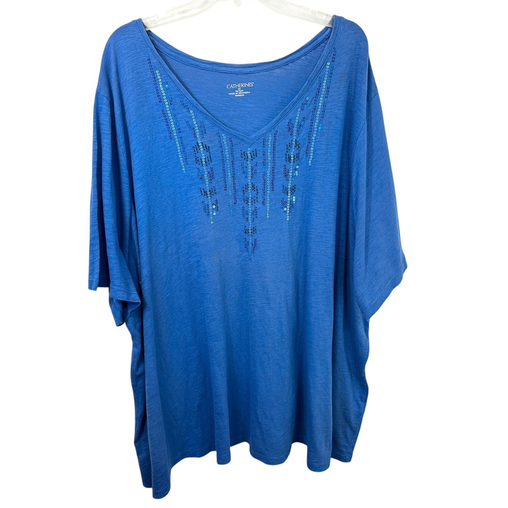 Catherines Plus Size 4X Top 30/32W Blue Sequin Office Solid Short‎ Sleeve 1713
